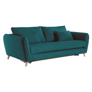 Canapé convertible scandinave 3 places en tissu bleu paon et bois clair avec matelas 10 cm CREEP