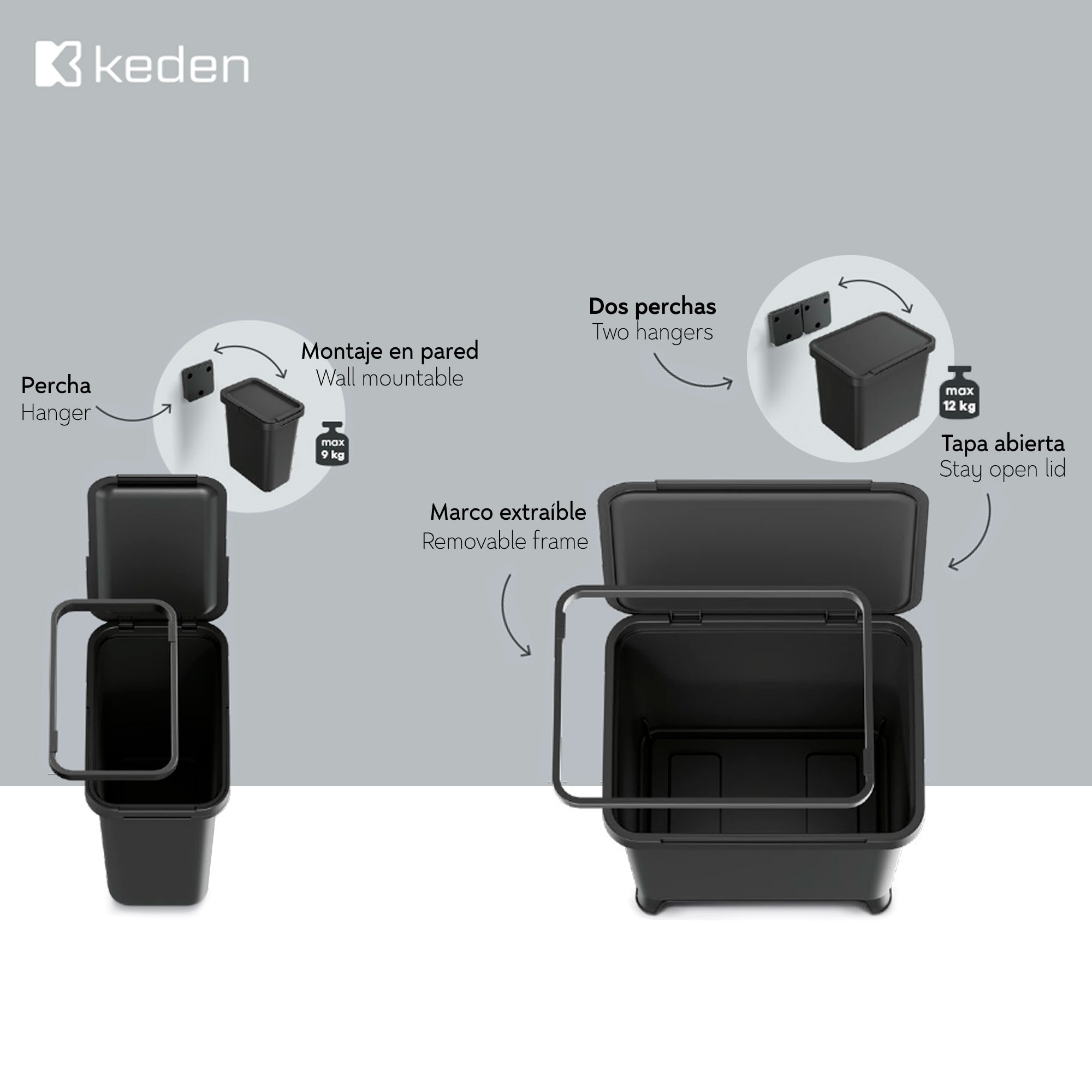 Sistema de reciclaje de 12l en color negro keden