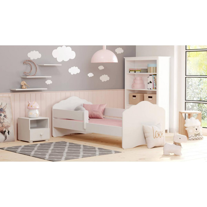 Letto singolo per bambini, Lettino per cameretta, Letto con protezione anticaduta e testiera a ''nuvola'', cm 144x78h58, colore Bianco