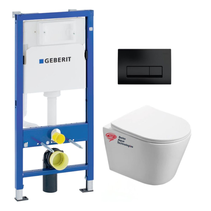 Pack WC Bati-support Geberit + WC Swiss Aqua Technologies Infinitio sans bride + plaque Delta 50 noir mat