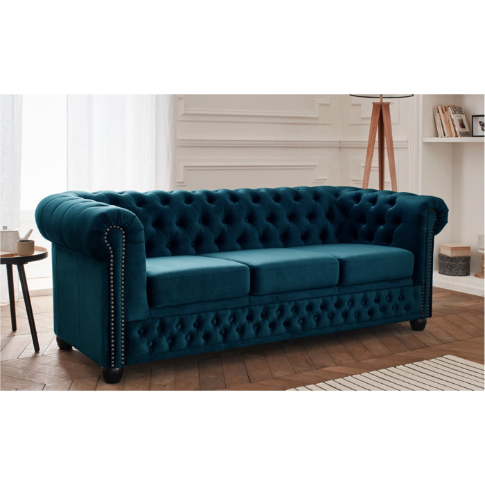 William - canapé Chesterfield - 3 places - en velours - Bleu canard