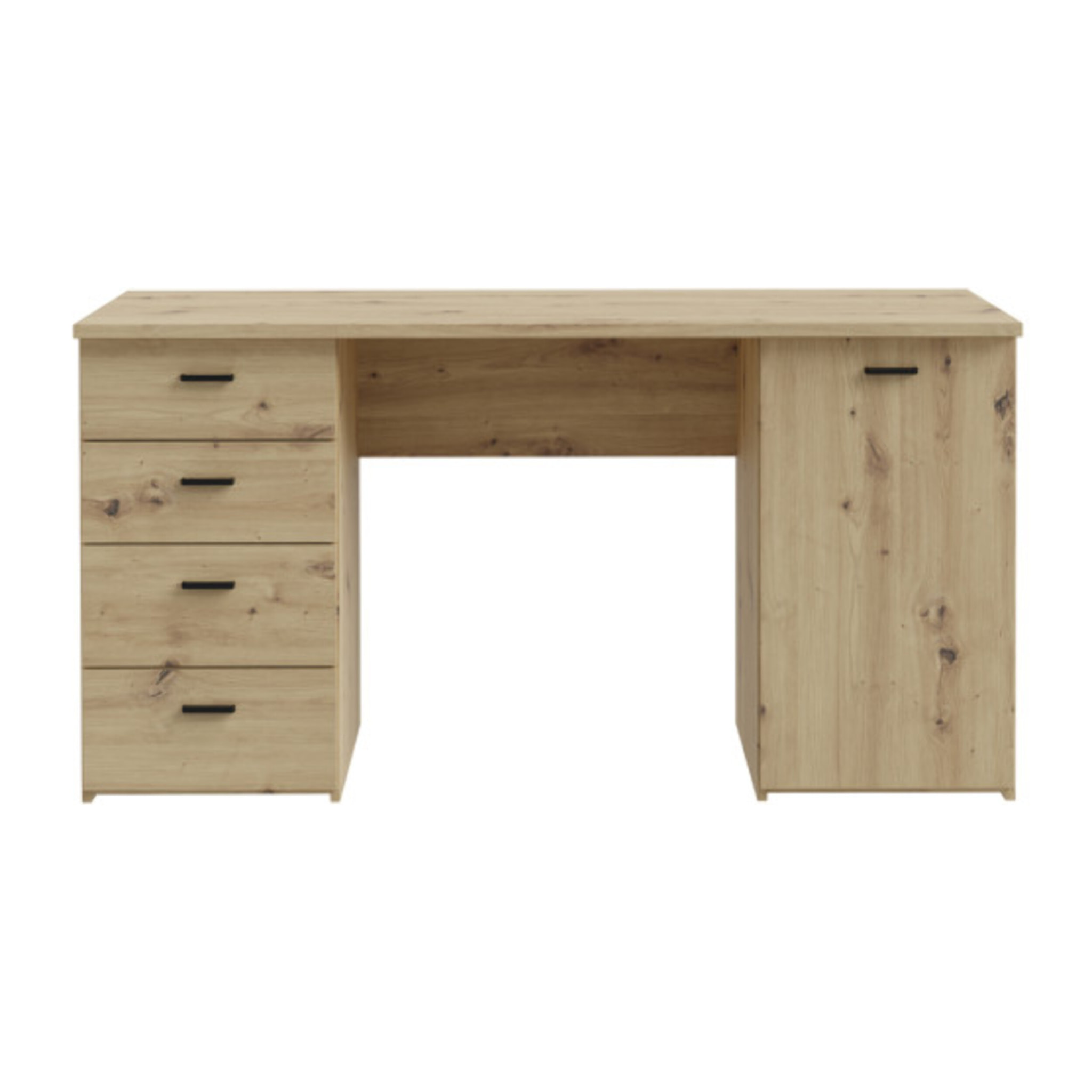 Bureau droit 1 placard 4 tiroirs 145 cm décor en bois chêne - GOTHAM