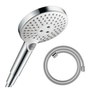 Pommeau de douche HANSGROHE Raindance Select S EcoSmart 120 3 jets blanc/chromé + flexible de douche HANSGROHE Designflex 200 cm chromé