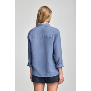 Camicia blu presidenziale in lino tinta in capo con monogramma ricamato