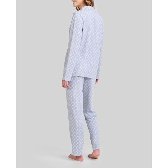 Pijama mujer estampado de hojas con abierto con botones, clásico cuello de solapa con vivo, cómoda manga larga y pantalón largo