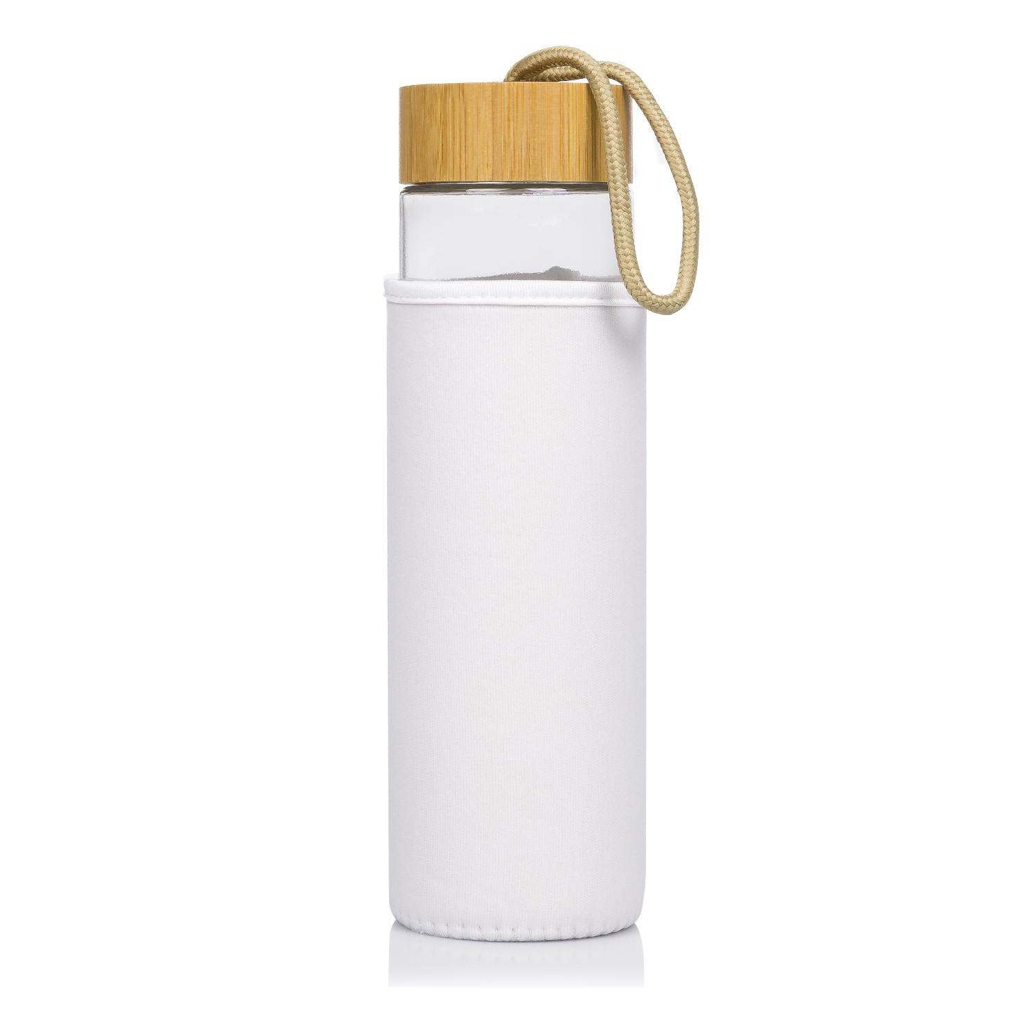 Lurok bidón Nature de bambú y cristal de 530 ml. Tapón en bambú, funda y asa de transporte.