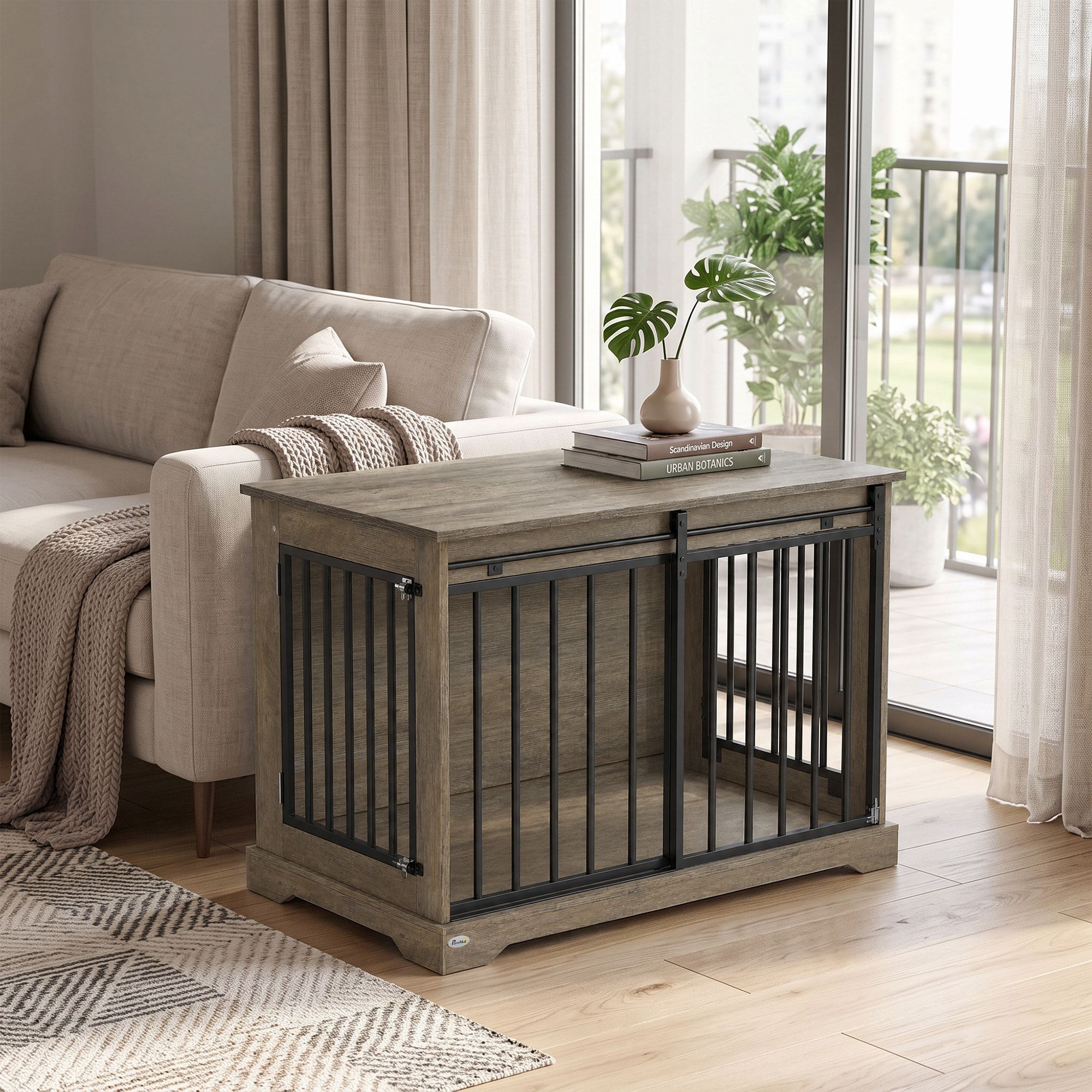 Cage chien design bois métal 100 x 60 x 68 cm porte coulissante et battante