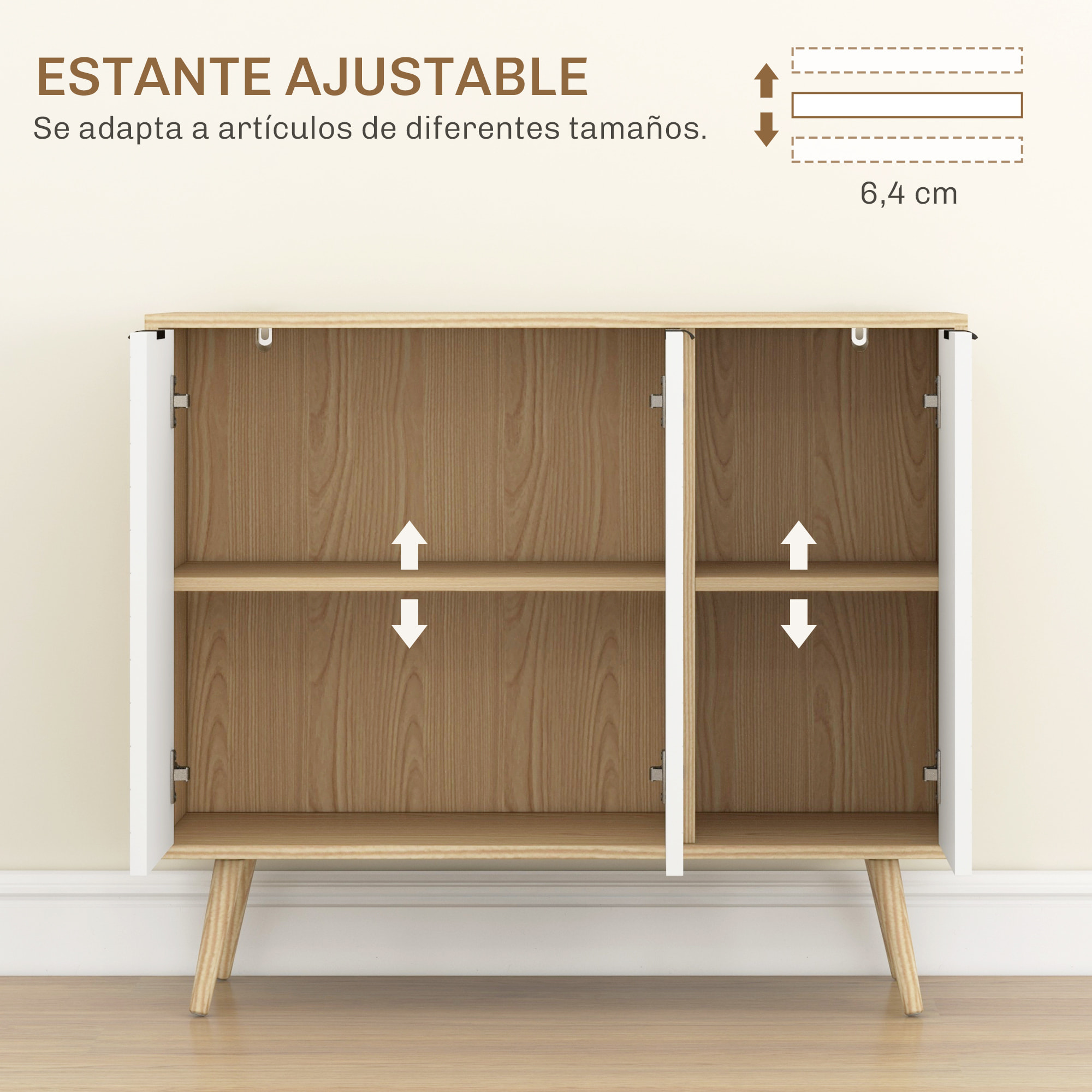Aparador de Cocina Mueble Auxiliar de Cocina con 3 Puertas con Patrón de Espiga Patas de Madera y Estantes Ajustables Mueble Buffet para Comedor Salón 91,5x35x77,4 cm Blanco y Natural