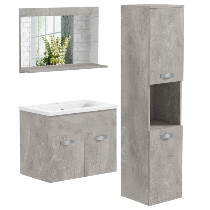 Conjunto de Muebles de Baño de Pared 3 Piezas Incluye Espejo Armario con Lavabo Cerámico y Columna Auxiliar de Baño Estilo Moderno Gris