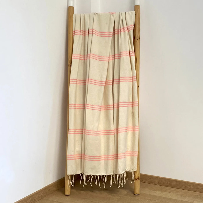 Fouta plate traditionnelle XL - Calliope Écru/Pinky - 190g/m²