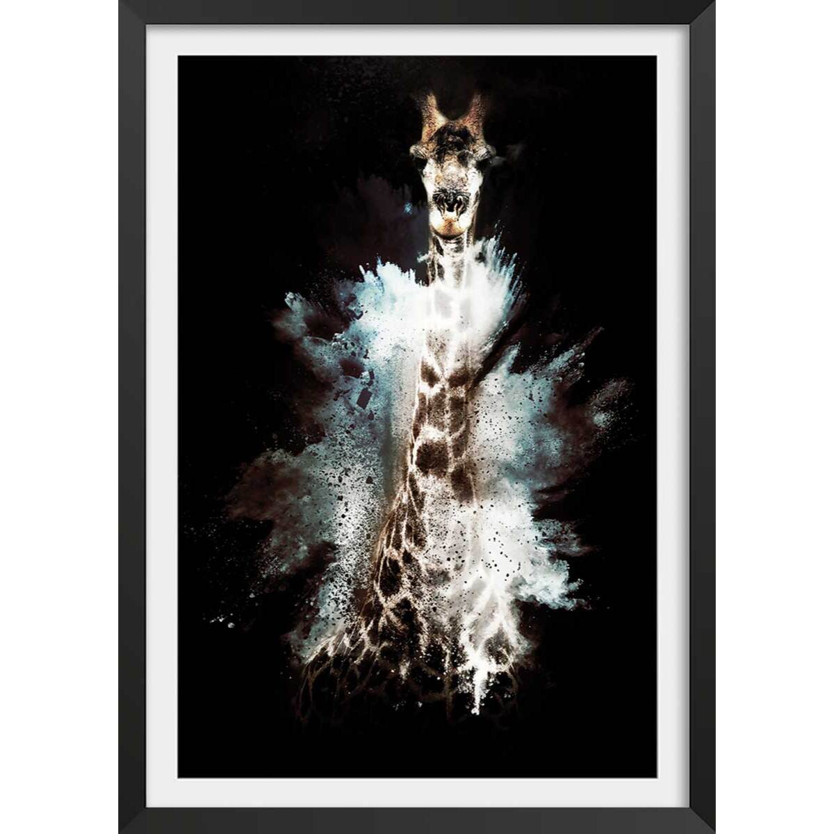 Affiche wild explosion girafe Affiche + cadre en bois - Noir