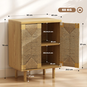 Aparador Bohemio de 2 Puertas con Cuerda Tejida a Mano, Aparador de Salón con Estante Ajustable, Apertura por Presión, Patas de Madera, Roble, 60x40x78 cm