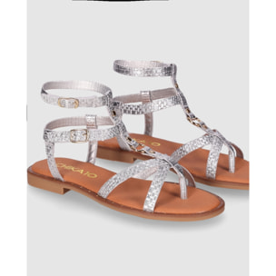 Sandalias de Piel - Plata - Tacón: Bajo