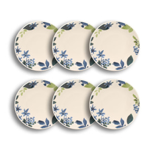 Lot de 6 assiettes creuses en grès 20,5cm motif fleuri bleu BLEUET