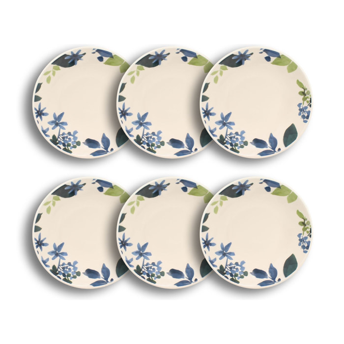 Lot de 6 assiettes creuses en grès 20,5cm motif fleuri bleu BLEUET