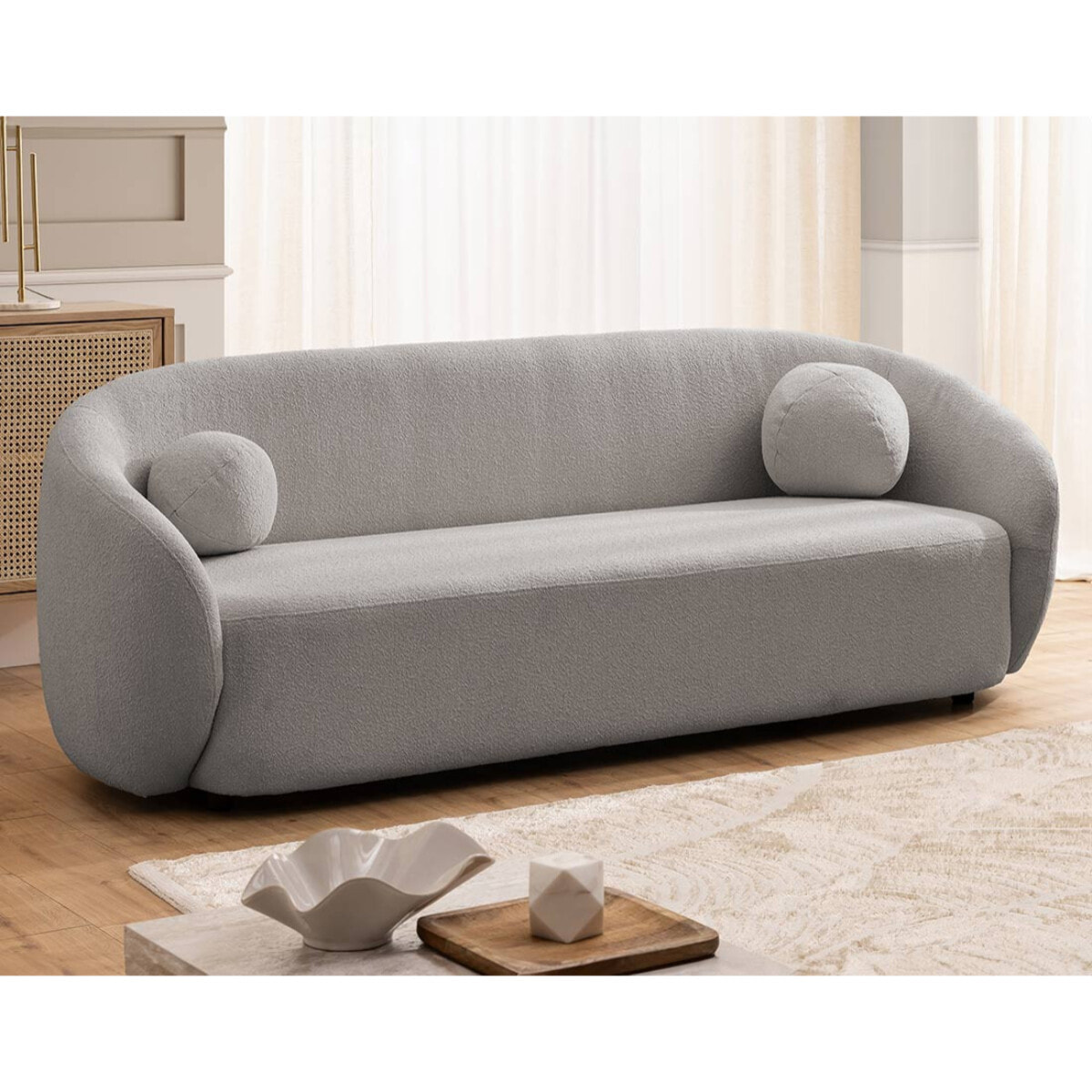 Flore - Canapé droit 3 places en tissu bouclette - Gris