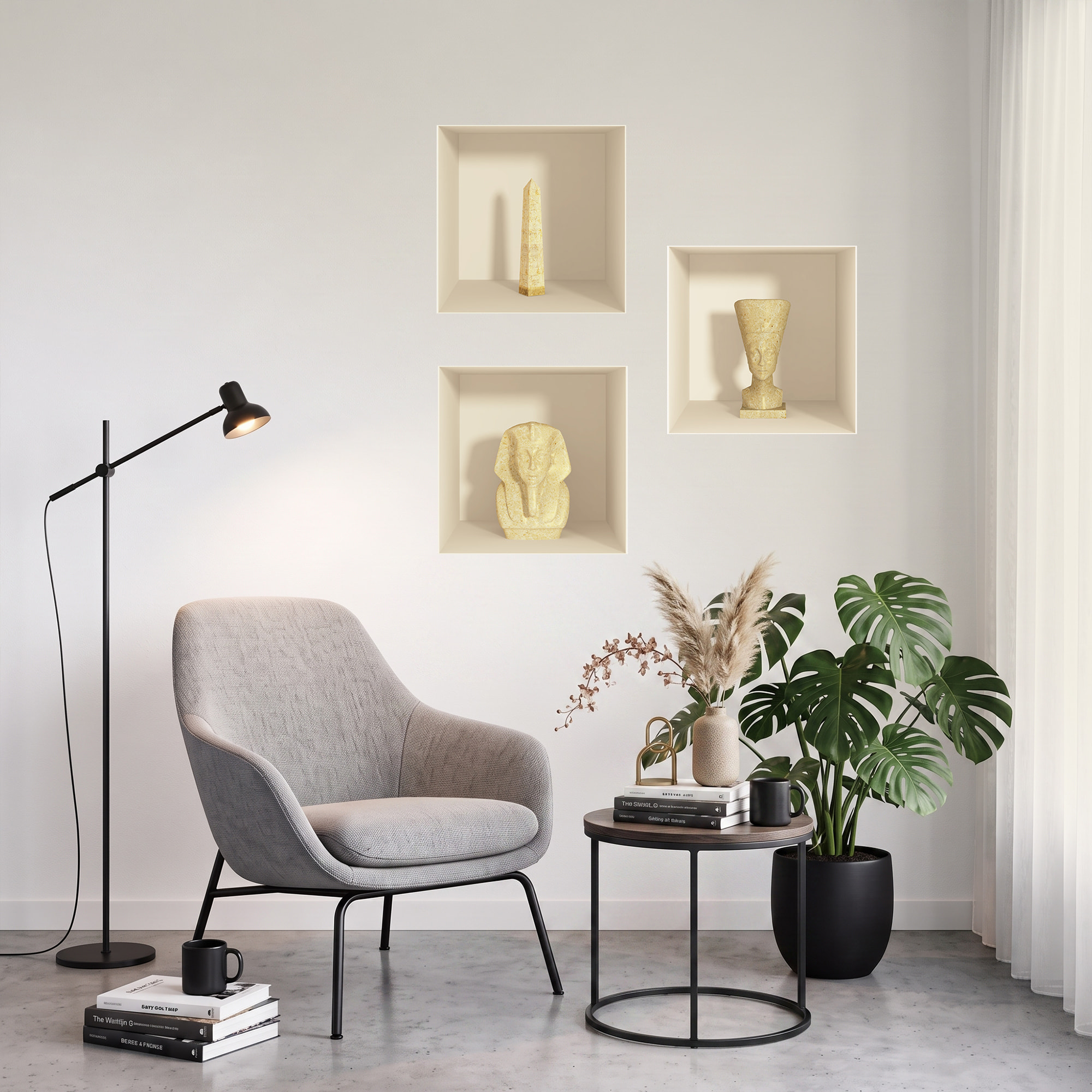 Stickers muraux 3D | Sticker Mural Autocollant effet 3D Egypte statue et vases argile - Stickers adhésifs 3D Chambre Salon Trompe l'oeil
