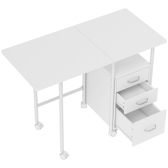 Bureau pliable sur roulettes avec rangement 3 tiroirs dim. totales 105x51x75,5cm métal effet bois blanc