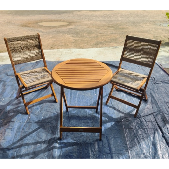Conjunto de Mesa y Sillas de Terraza Exterior de Madera 3 Piezas, Muebles de Jardín Exterior con 2 Sillas Plegables, Asiento Respaldo de Cuerda PP, Mesa Redonda para Patio, Balcón, Natural