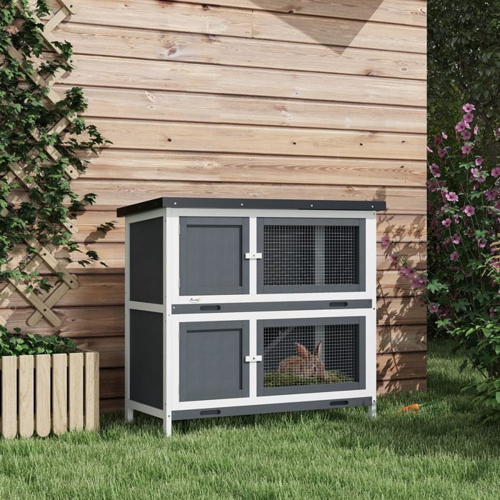 Conejera de Madera Jaula para Conejos de 2 Pisos 97x44x91 cm con Techo Asfáltico Puertas con Pestillo Bandejas Extraíbles y Rampa para 2 Conejos Gris