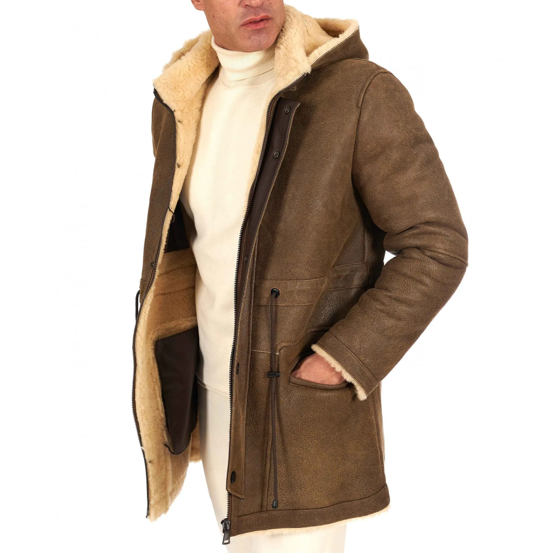 Cappotto Montone Shearling color fango con cappuccio staccabile