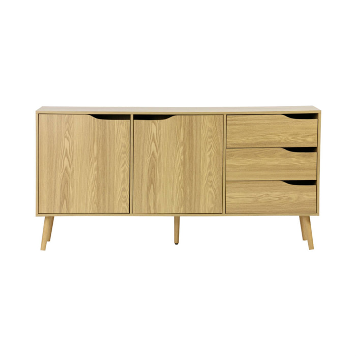 Buffet de rangement scandinave. buffet haut. vaisselier. 2 portes. 3 tiroirs. effet frêne. 160cm