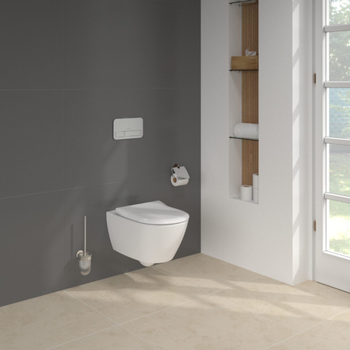 Pack WC sans bride Subway 2.0 avec abattant frein de chute + bâti Viconnect PRO + plaque Chromé mat  + Tabouret bois