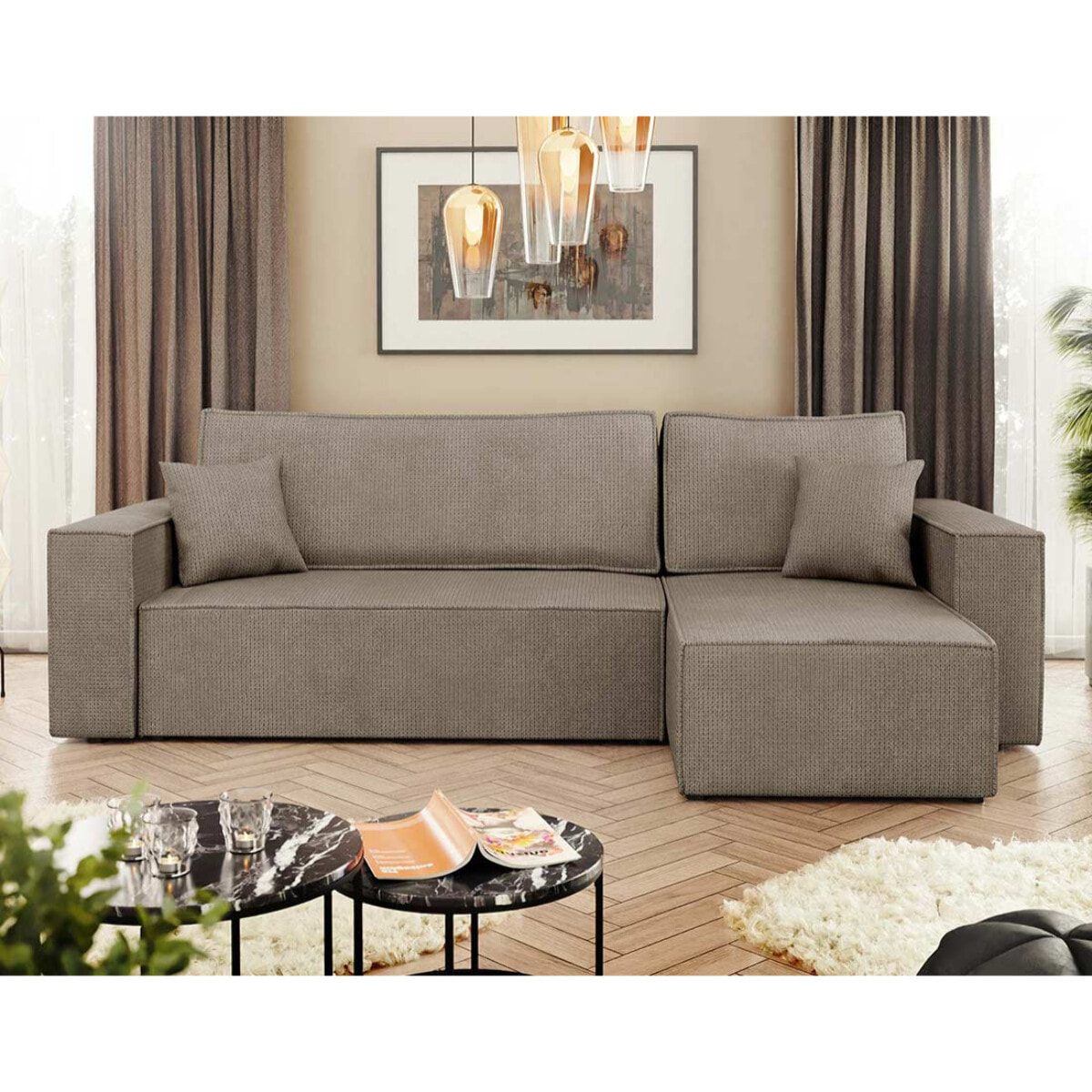 Cezanne - Canapé d'angle réversible 4 places convertible avec coffre en tissu texturé - Marron