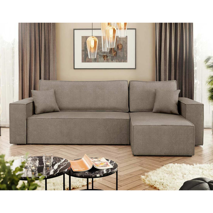 Cezanne - Canapé d'angle réversible 4 places convertible avec coffre en tissu texturé - Marron