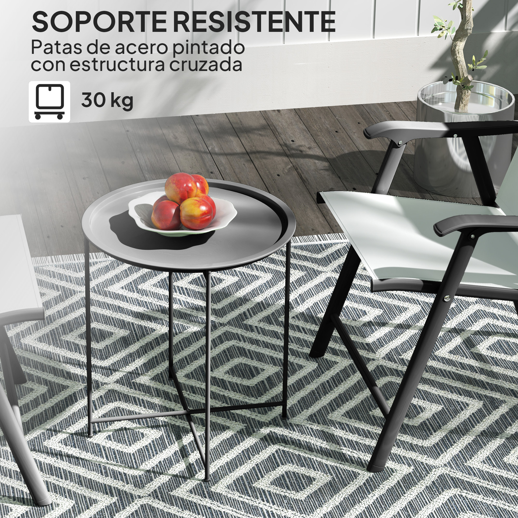 Mesa Auxiliar Redonda Mesa de Jardín Exterior con Bandeja Extraíble Patas Plegables Mesa para Exterior Terraza Patio Ø46x50 cm Negro