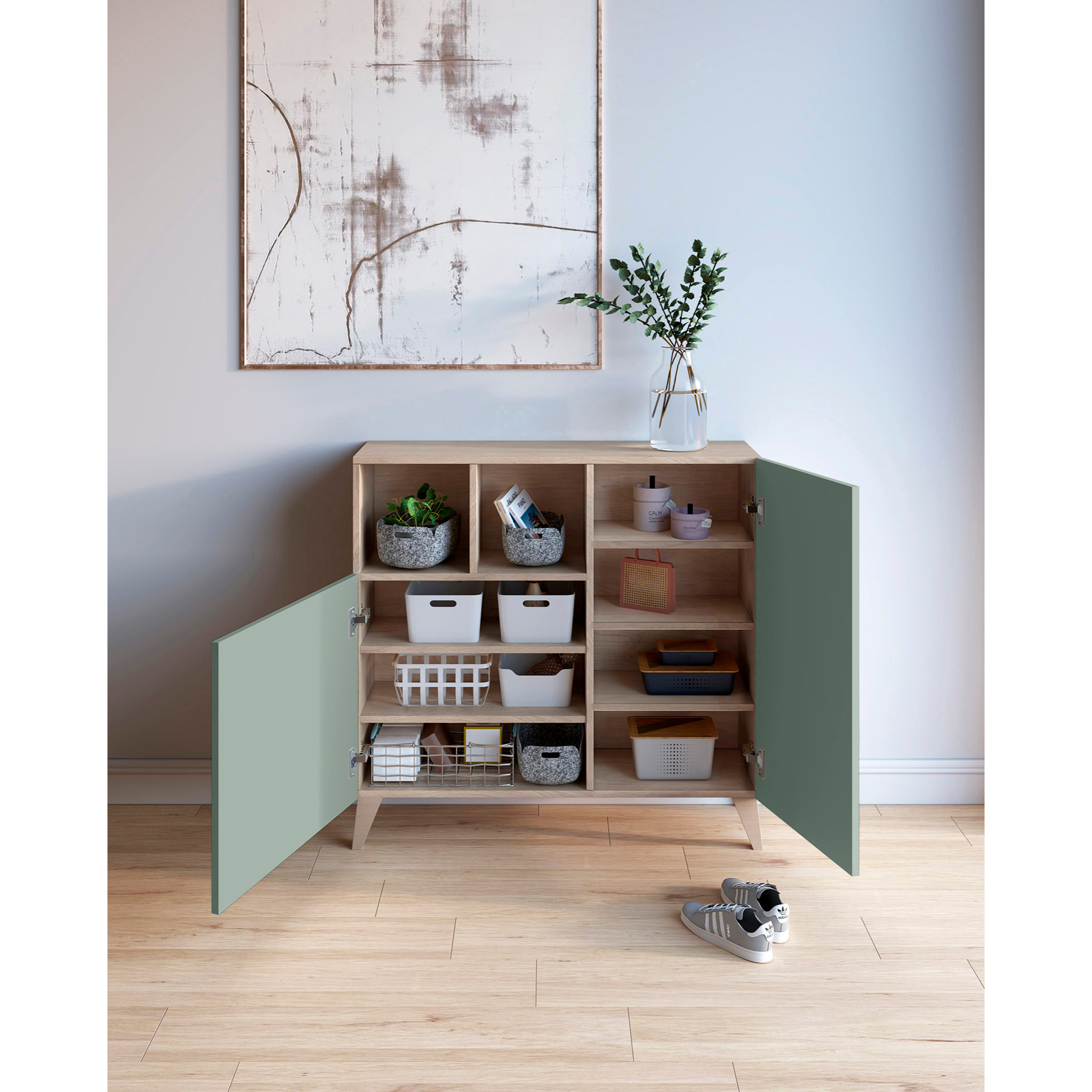 Zapatero Oslo melamina roble claro puertas verde 87x90x27 cm