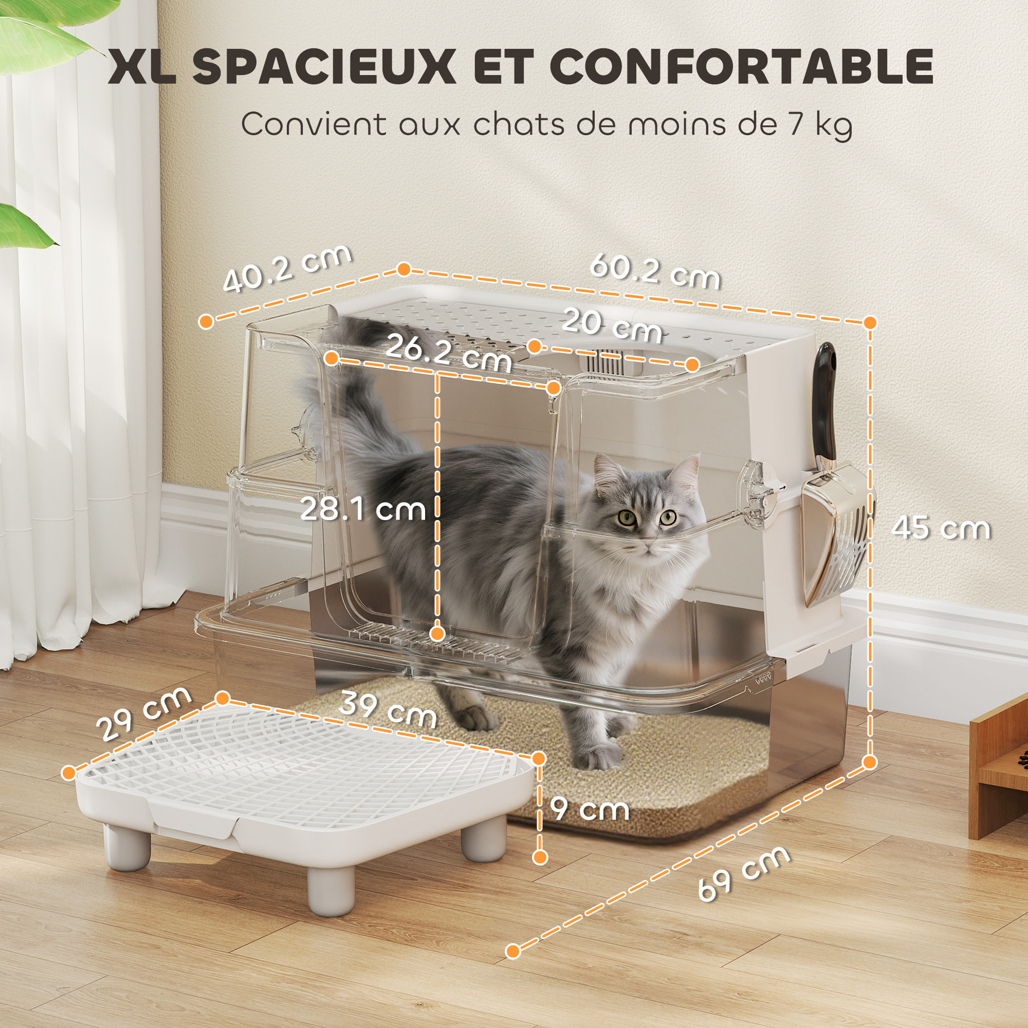 Bac à litière avec ouvercle pivotant 100° inox gris clair