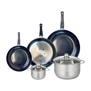 Ensemble de 3 Poêles de cuisson 20, 24 et 28 cm et 2 faitouts 12 et 20 cm Elo Prima Brillant