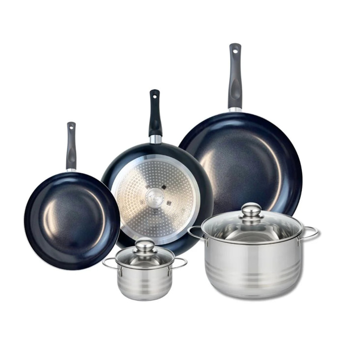 Ensemble de 3 Poêles de cuisson 20, 24 et 28 cm et 2 faitouts 12 et 20 cm Elo Prima Brillant
