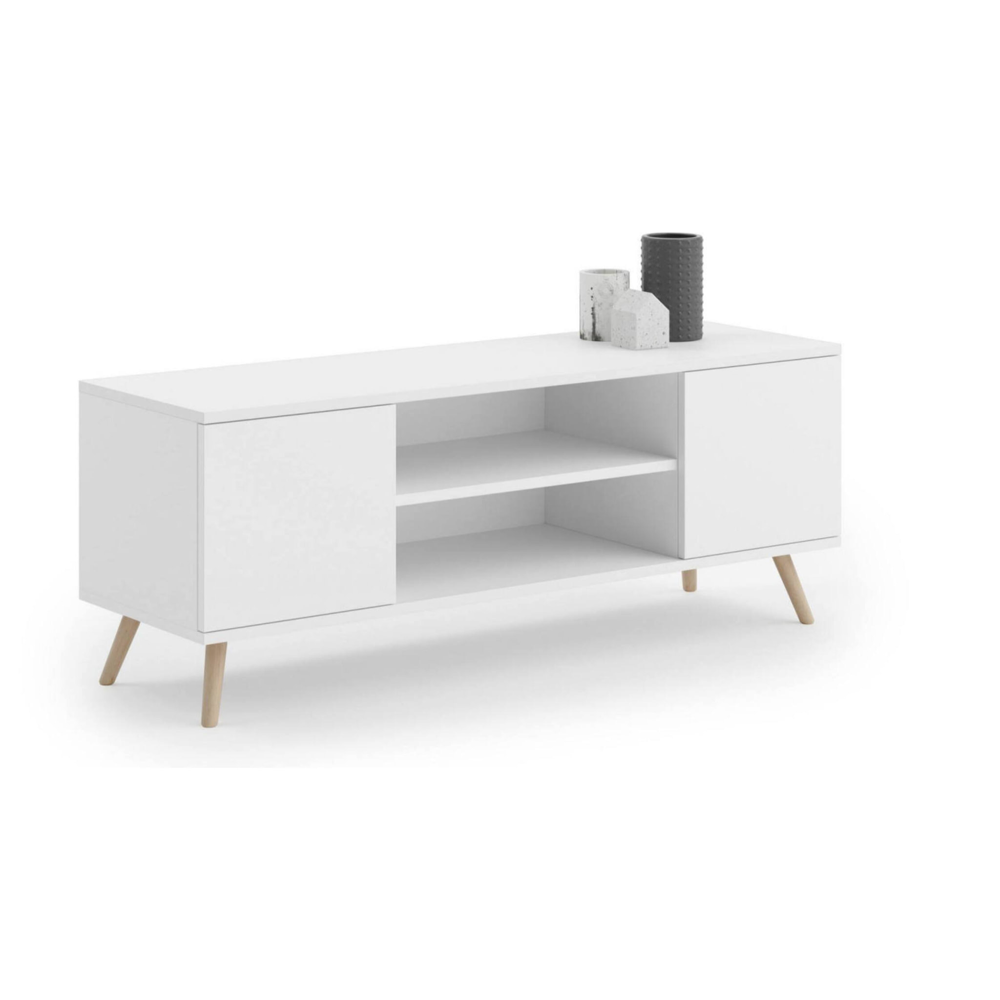 Mobile porta tv con 2 ante e 1 ripiano centrale, Credenza con piedini, Buffet da soggiorno in stile scandi, cm 155x40h50, colore Bianco