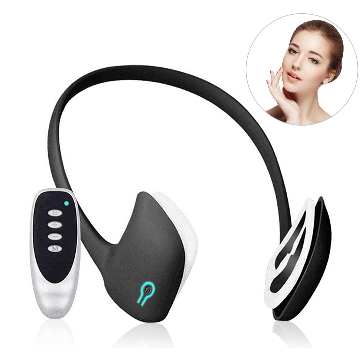 Dispositivo EMS di elettrostimolazione facciale. Effetto rassodante, rimodellante, ammorbidire i segni dell'età. Telecomando, batteria ricaricabile.