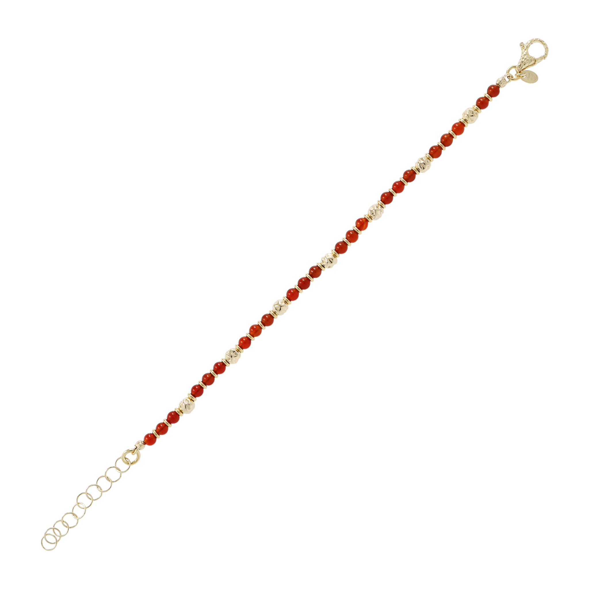 Bracciale in Argento 925 placcato Oro Giallo 18Kt con Sfere Martellate e Corniola Rossa