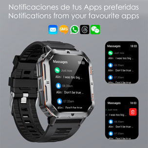 Smartwatch MT62 con corona multifunción inteligente, más de 100 modos deportivos. Batería larga duración con 1000mAh y linterna.