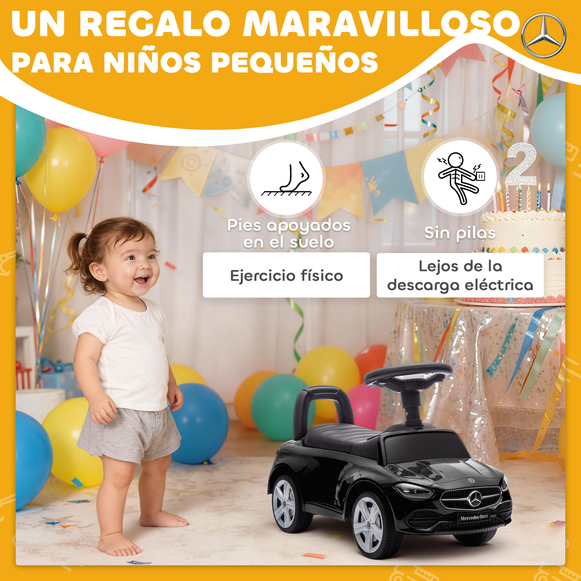 Coche Correpasillos para Niños de 18-36 Meses Mercedes-Benz Clase C, Correpasillos con Bocina, Volante, Sonidos de Motor y Espacio de Almacenaje, 65x28x39 cm, Negro