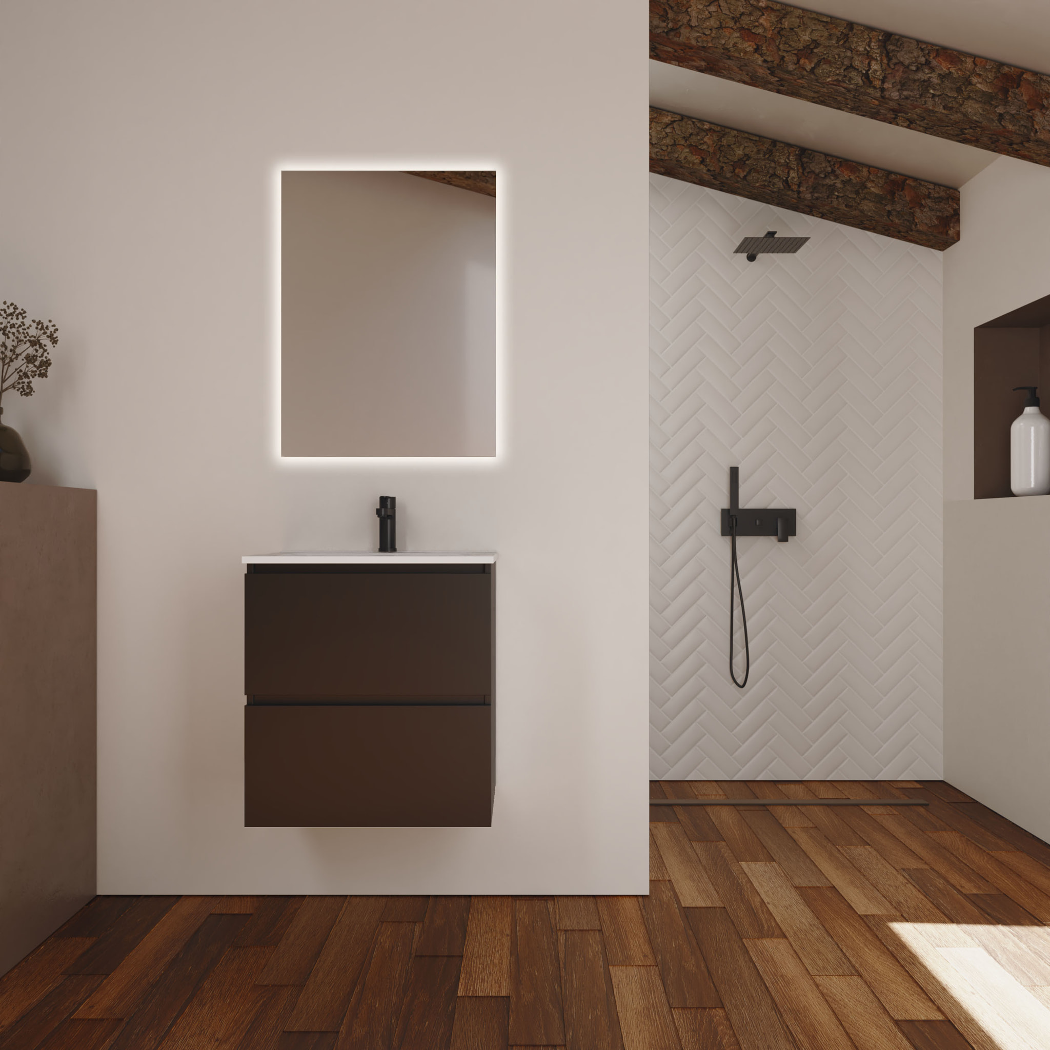 Ensemble Salle de Bain Kaji | 60 cm Noire | Deux Tiroirs | Lavabo Encastré| N'inclut pas le Miroir | Alday