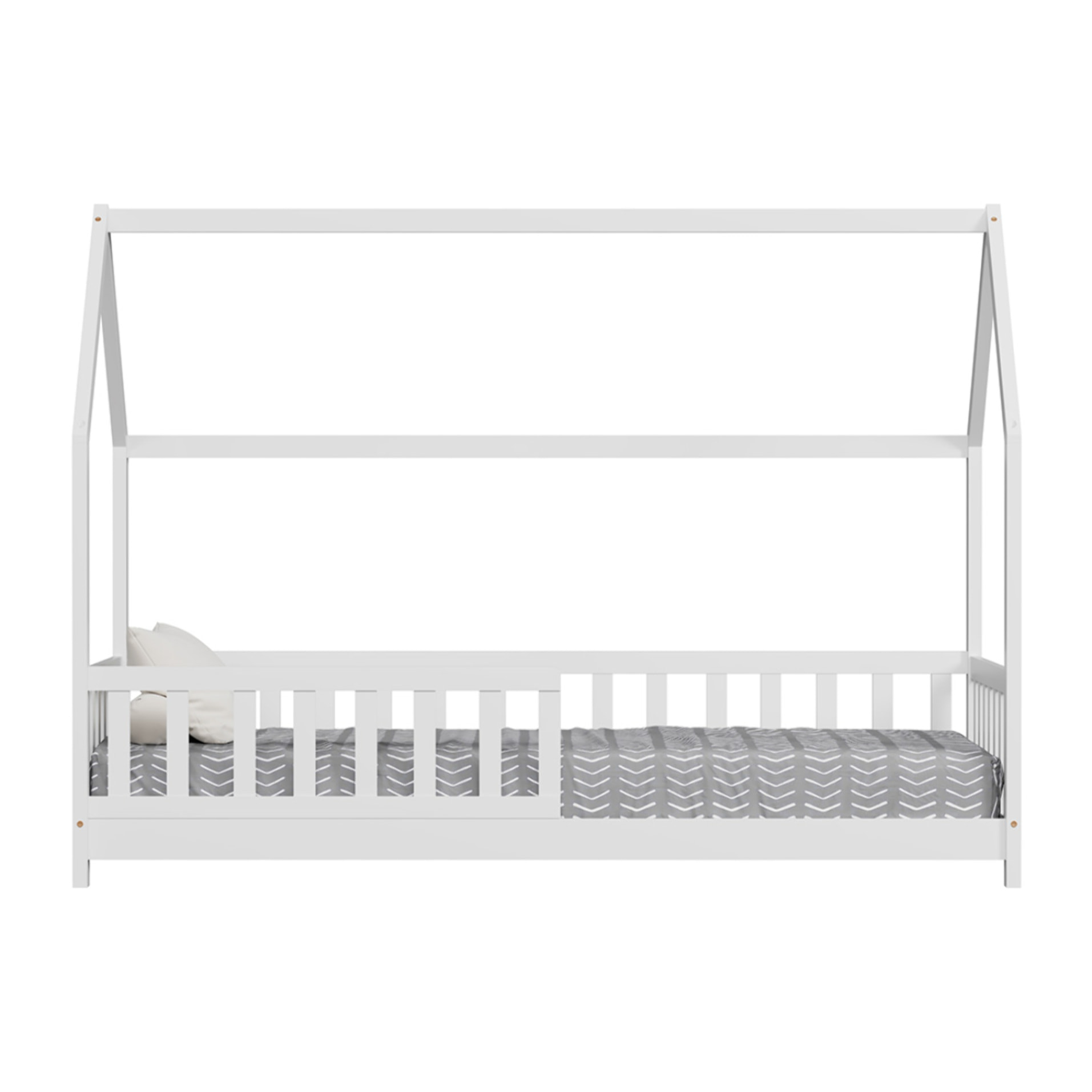 Lit Cabane Tchoupi 90 x 190 cm, Blanc, Bois de Pin Naturel, avec barrières latérales de sécurité