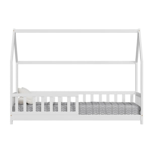 Lit Cabane Tchoupi 90 x 190 cm, Blanc, Bois de Pin Naturel, avec barrières latérales de sécurité