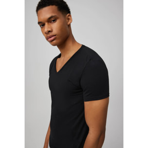 Maglietta nera in cotone a maniche corte con scollo a V