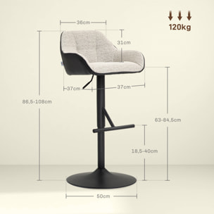Lot de 2 tabourets de bar design capitonné acier noir mat tissu gris clair
