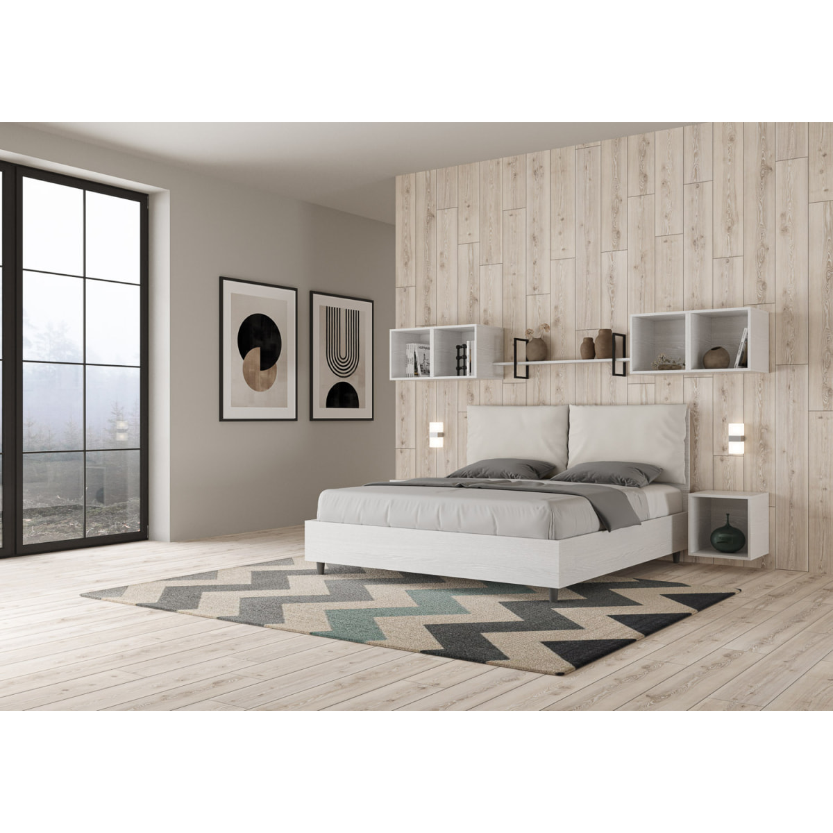 Lit coffre 160x200 avec coussins similicuir blanc Egos Antea