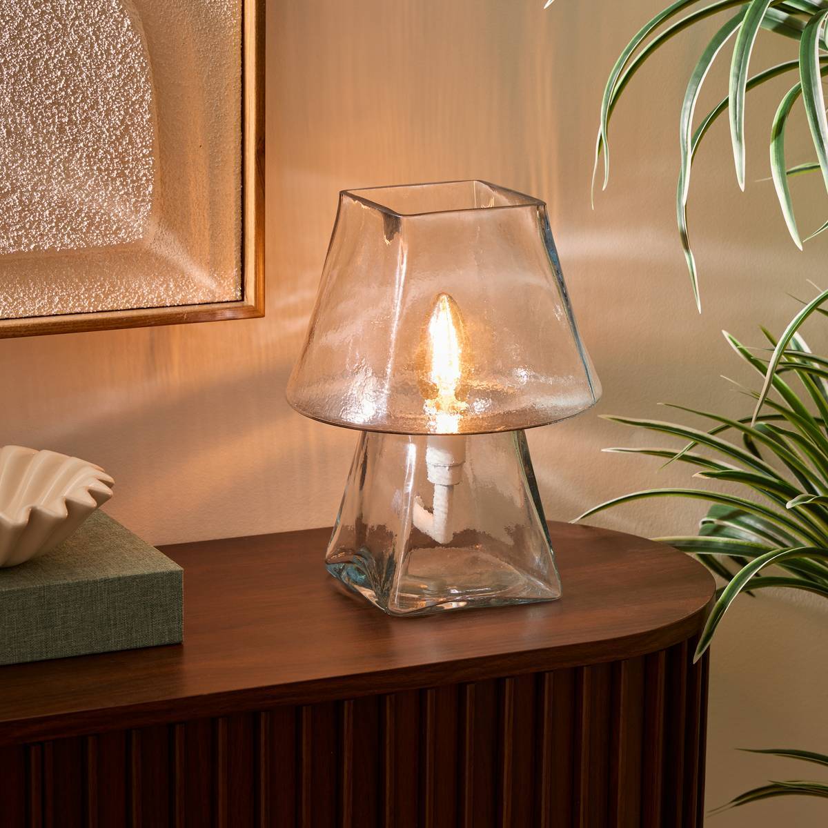 Lampe champignon Elita H.26cm en verre transparent