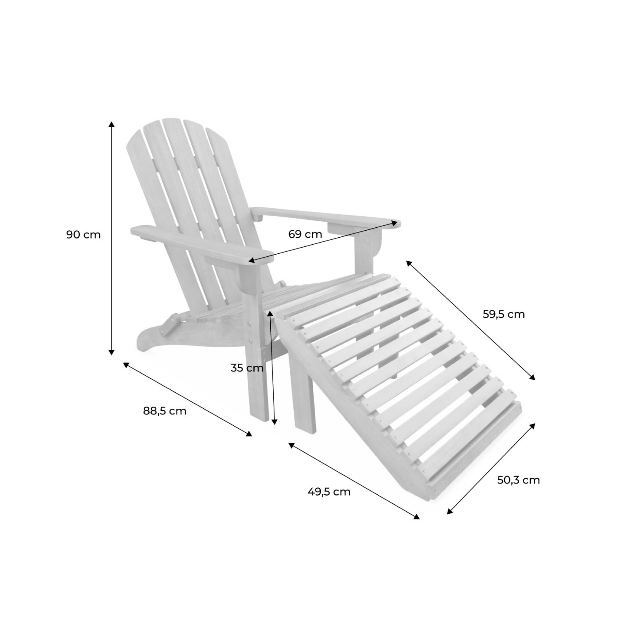 Lot de 2 fauteuils de jardin en bois avec un repose-pieds/table basse - Adirondack Salamanca - Eucalyptus. chaises de terrasse retro