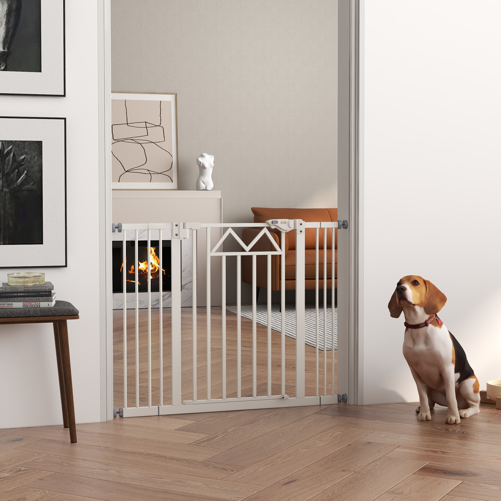 Barrera de Seguridad para Perros Extensible 74-100 cm, para Puertas y Escaleras, Barrera para Perros con Cierre Automático, Doble Bloqueo, Montaje a Presión y 2 Extensiones 7/14cm, Blanco