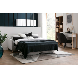 Canapé convertible scandinave 3 places en tissu bleu canard et bois clair avec matelas 10 cm PAPEL