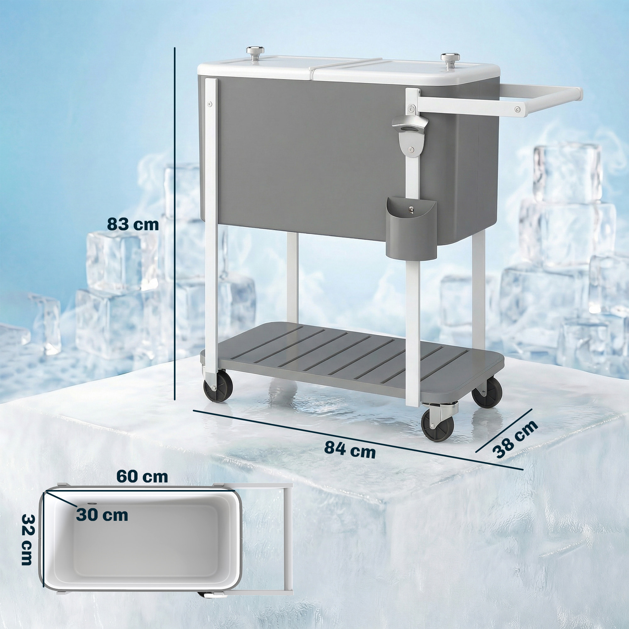 Carrito Nevera de 56L con Ruedas, Carro de Bebidas con Estante, Abrebotellas, Recogetapas, Drenaje y Asa, Mesa Nevera Jardín Exterior para Patio, Fiesta, BBQ, 84x38x83 cm, Gris